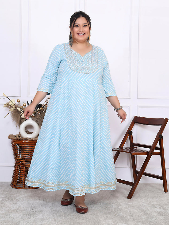 Plus Size Sky Blue Cotton Leheriya Print Embroidered Long Kurta (B16-Sky Blue)