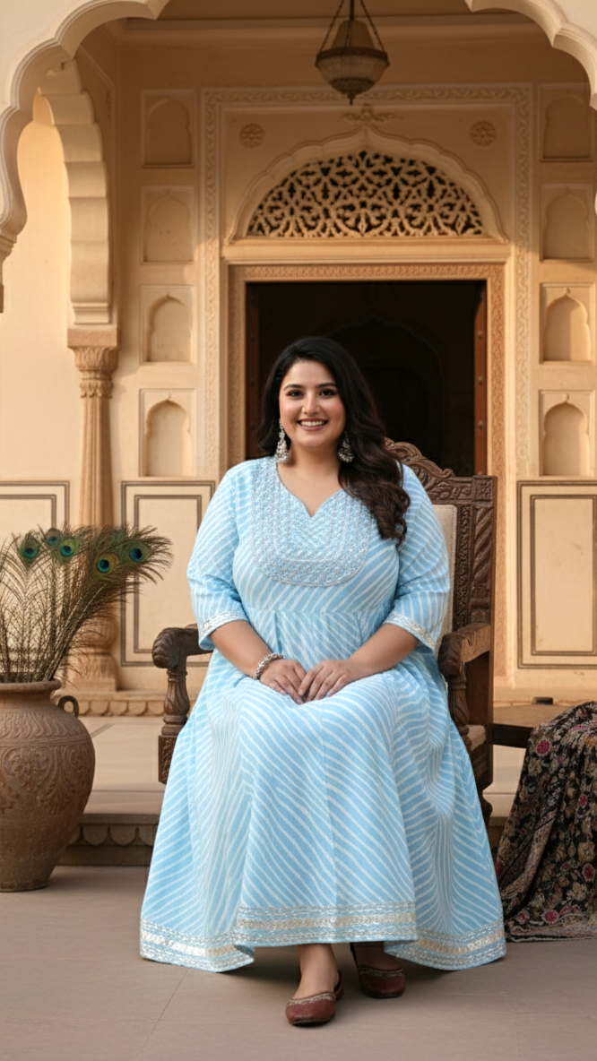 Plus Size Sky Blue Cotton Leheriya Print Embroidered Long Kurta (B16-Sky Blue)