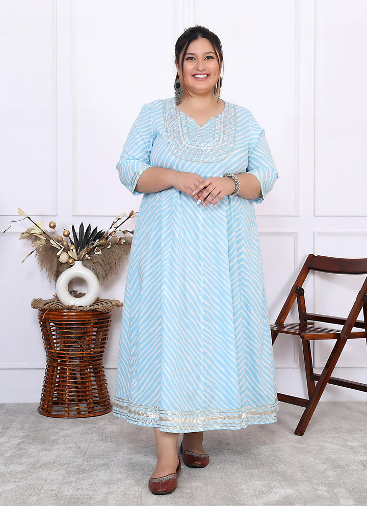 Plus Size Sky Blue Cotton Leheriya Print Embroidered Long Kurta (B16-Sky Blue)