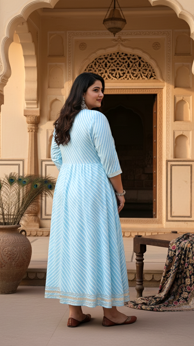 Plus Size Sky Blue Cotton Leheriya Print Embroidered Long Kurta (B16-Sky Blue)