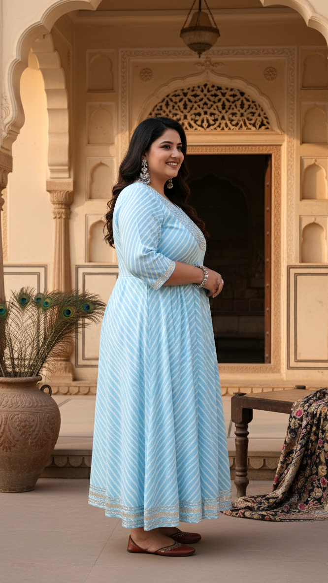 Plus Size Sky Blue Cotton Leheriya Print Embroidered Long Kurta (B16-Sky Blue)