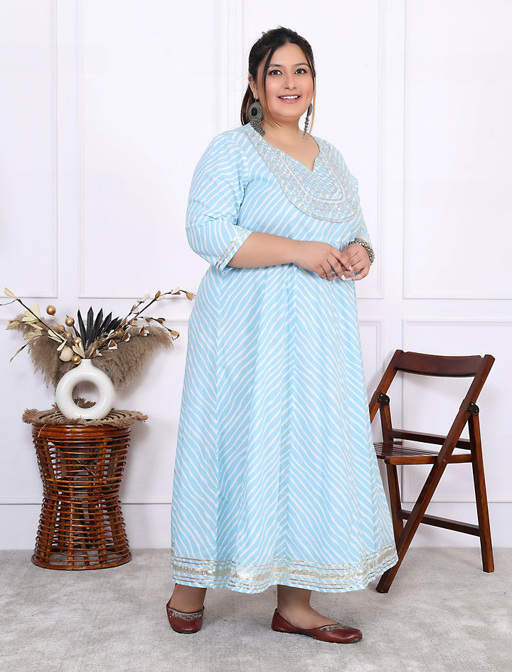 Plus Size Sky Blue Cotton Leheriya Print Embroidered Long Kurta (B16-Sky Blue)