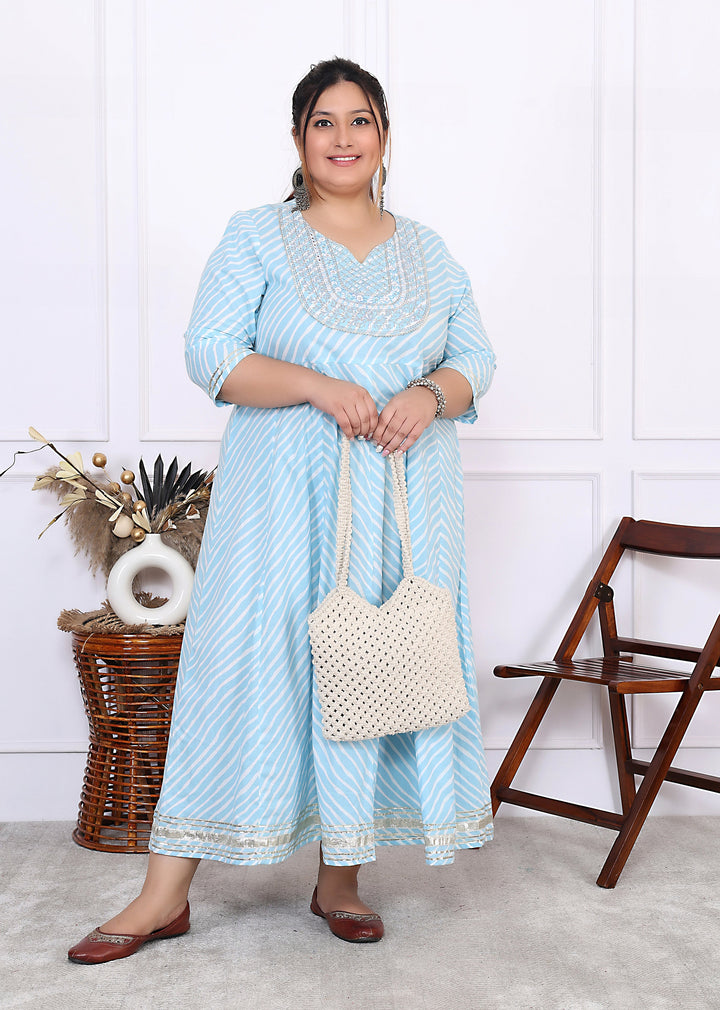 Plus Size Sky Blue Cotton Leheriya Print Embroidered Long Kurta (B16-Sky Blue)