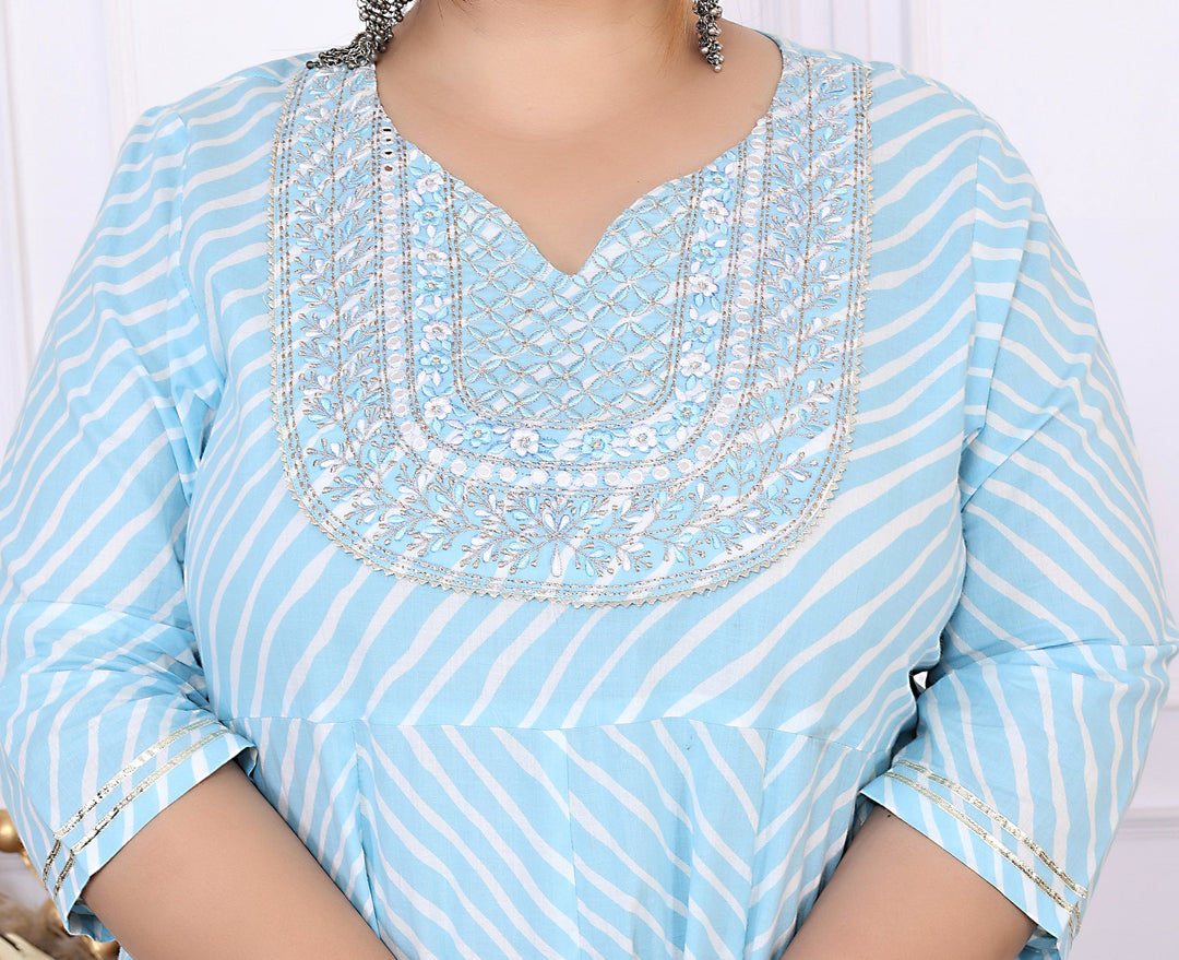 Plus Size Sky Blue Cotton Leheriya Print Embroidered Long Kurta (B16-Sky Blue)