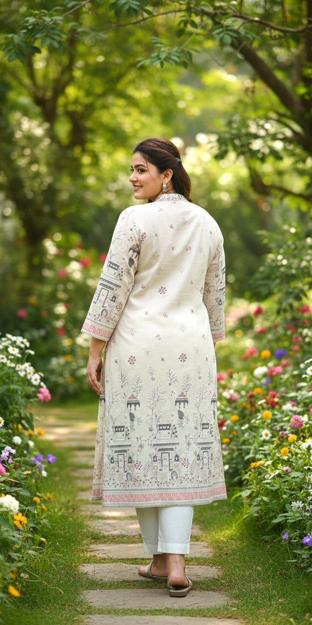 Premium Cream Heritage Print Straight Kurti for Women