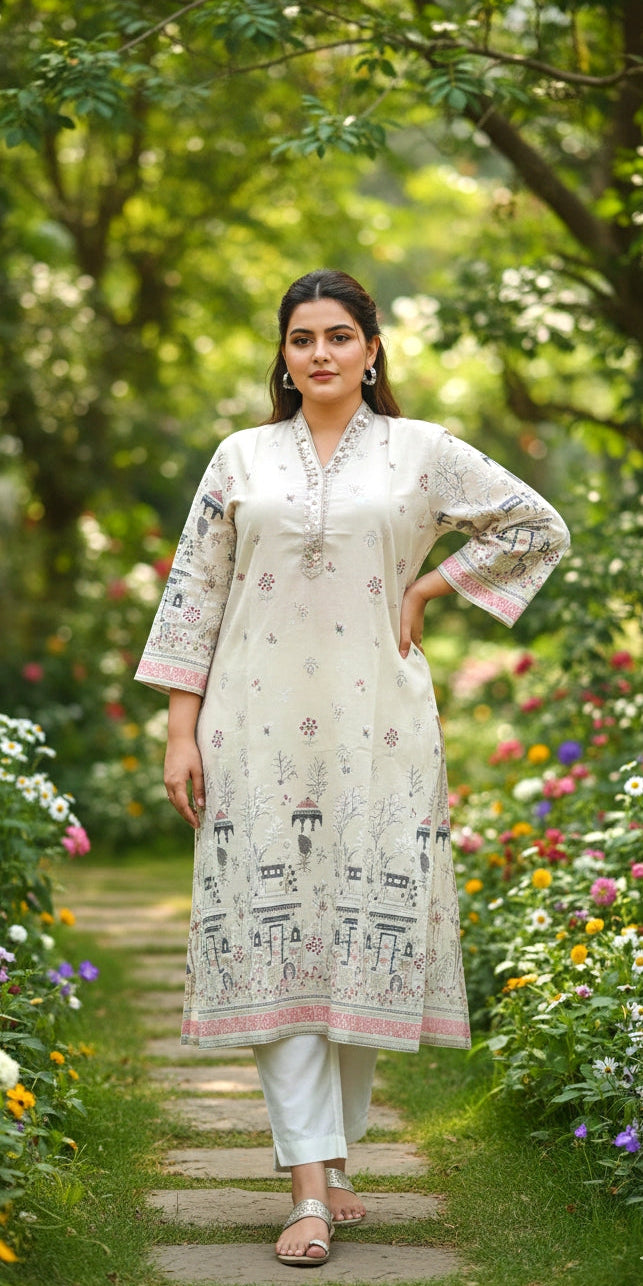 Premium Cream Heritage Print Straight Kurti for Women