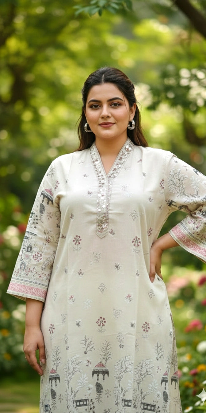 Premium Cream Heritage Print Straight Kurti for Women