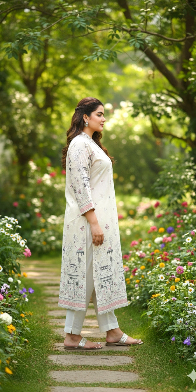 Premium Cream Heritage Print Straight Kurti for Women