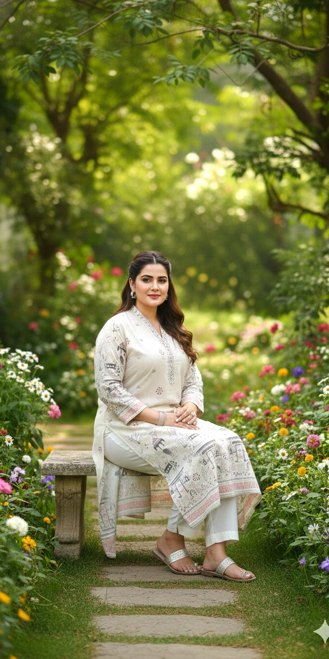 Premium Cream Heritage Print Straight Kurti for Women