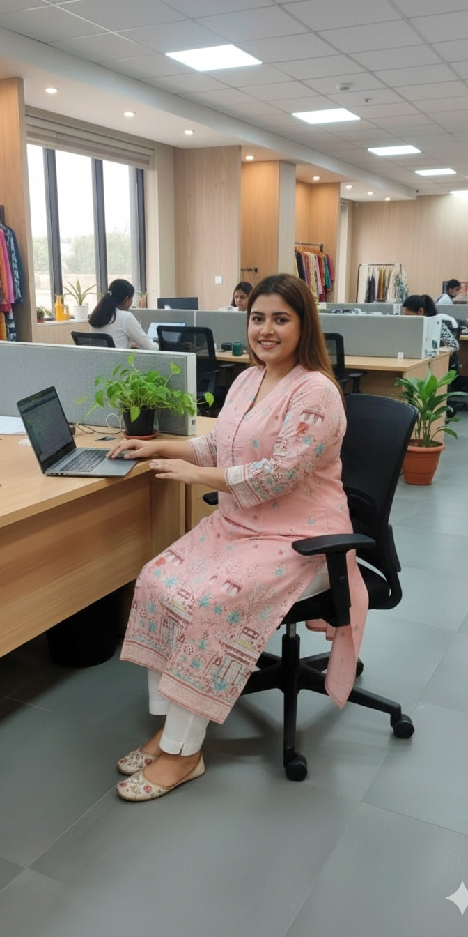 Premium Peach Heritage Print Straight Kurti for Women