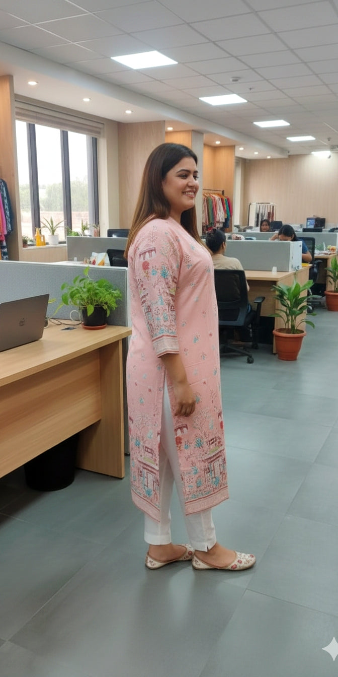 Premium Peach Heritage Print Straight Kurti for Women