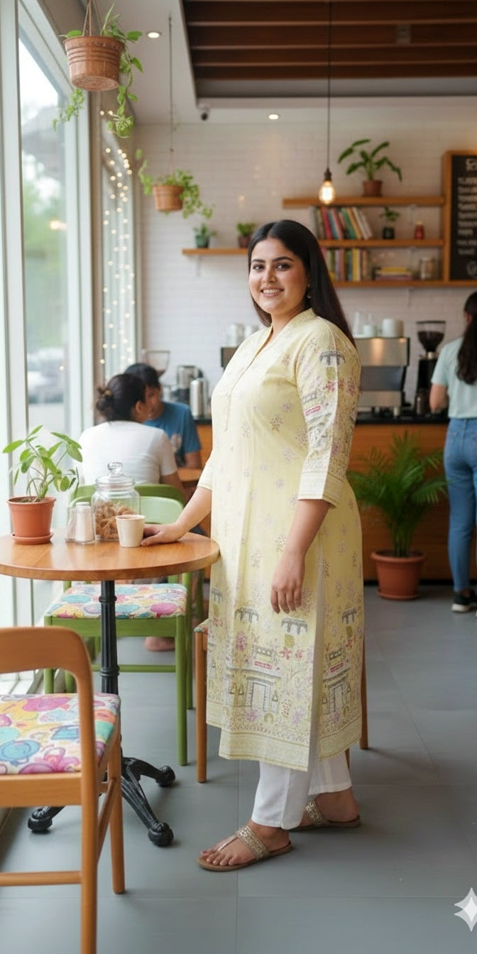 Premium Soft Yellow Heritage Print Straight Kurti for Women