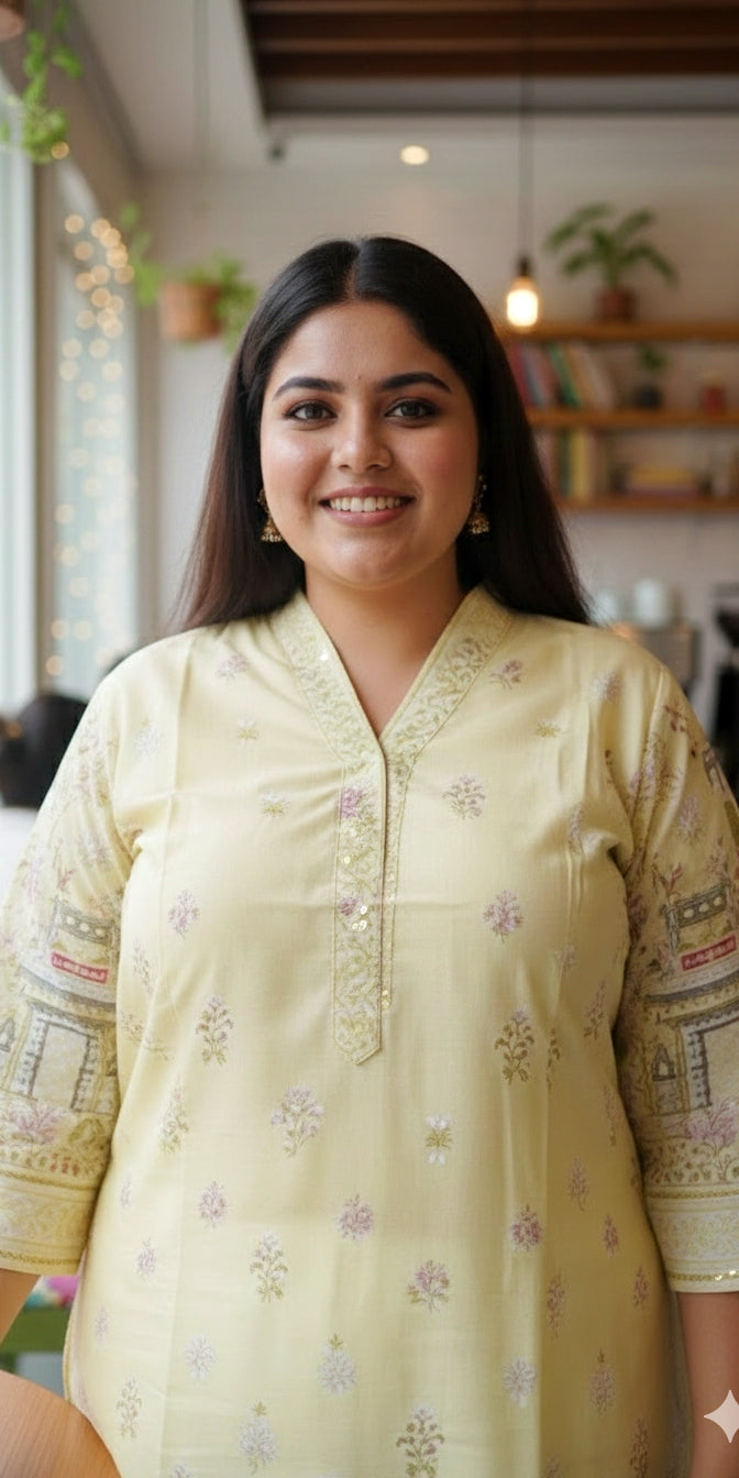 Premium Soft Yellow Heritage Print Straight Kurti for Women
