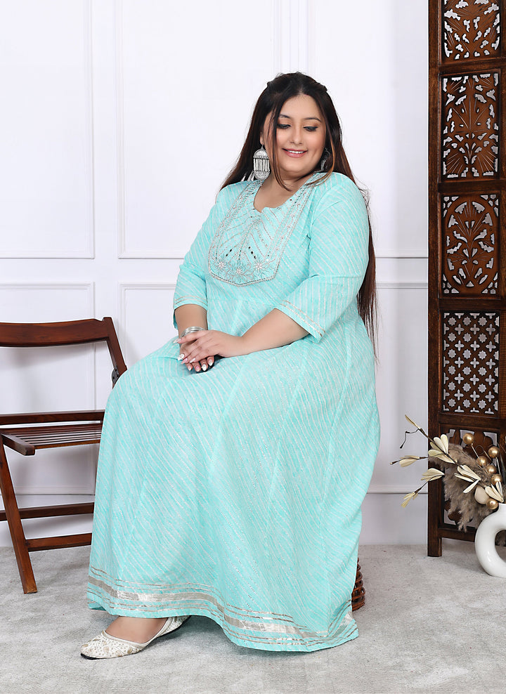 Plus Size Green Cotton Leheriya Print Embroidered Long Kurta (B17-Green)