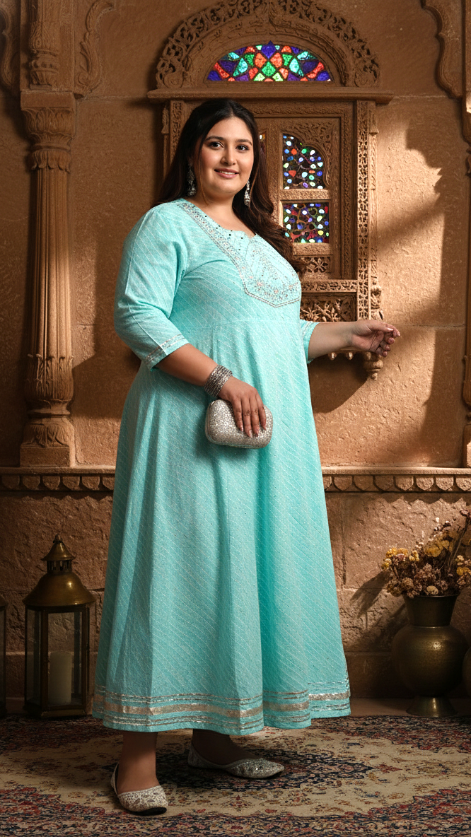 Plus Size Green Cotton Leheriya Print Embroidered Long Kurta (B17-Green)