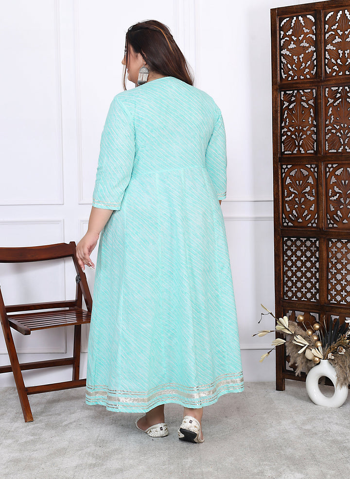 Plus Size Green Cotton Leheriya Print Embroidered Long Kurta (B17-Green)