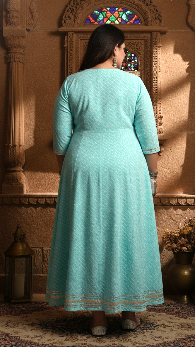 Plus Size Green Cotton Leheriya Print Embroidered Long Kurta (B17-Green)