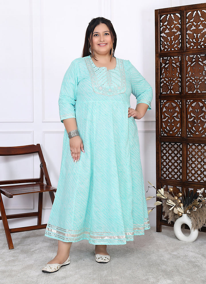 Plus Size Green Cotton Leheriya Print Embroidered Long Kurta (B17-Green)