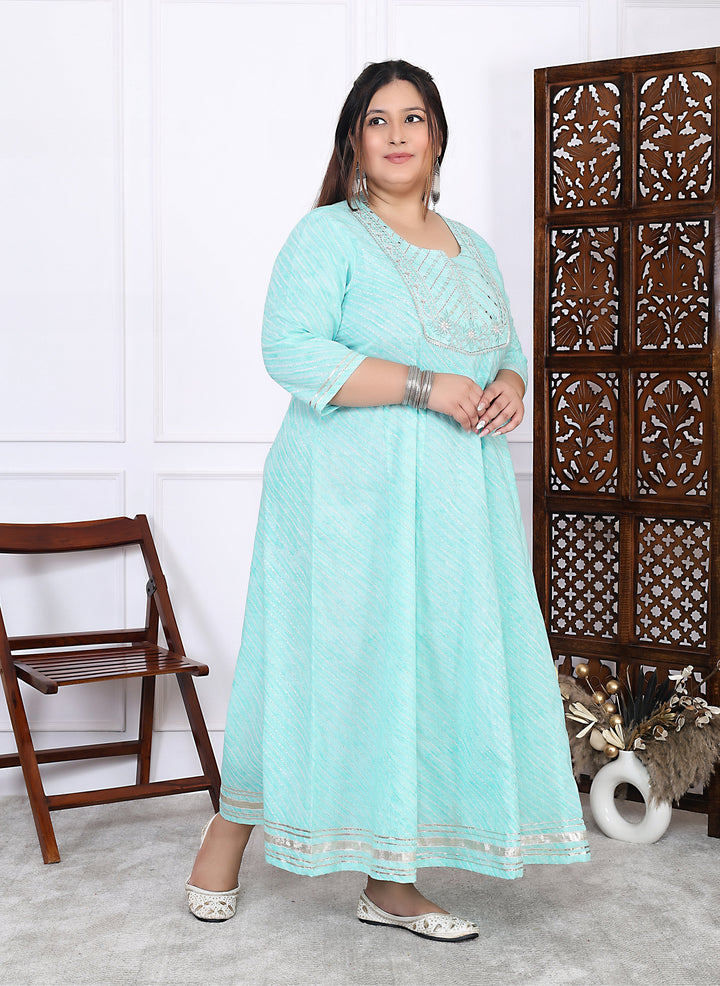Plus Size Green Cotton Leheriya Print Embroidered Long Kurta (B17-Green)