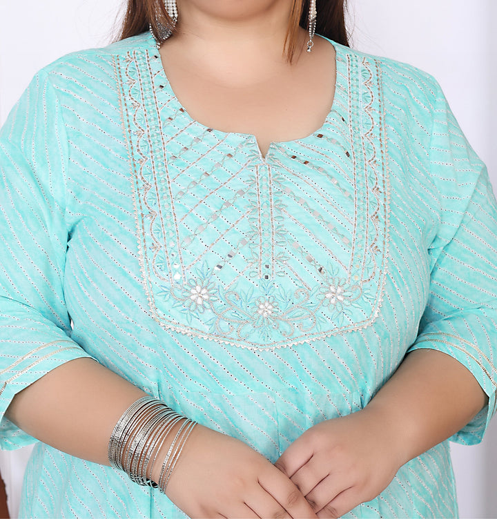 Plus Size Green Cotton Leheriya Print Embroidered Long Kurta (B17-Green)