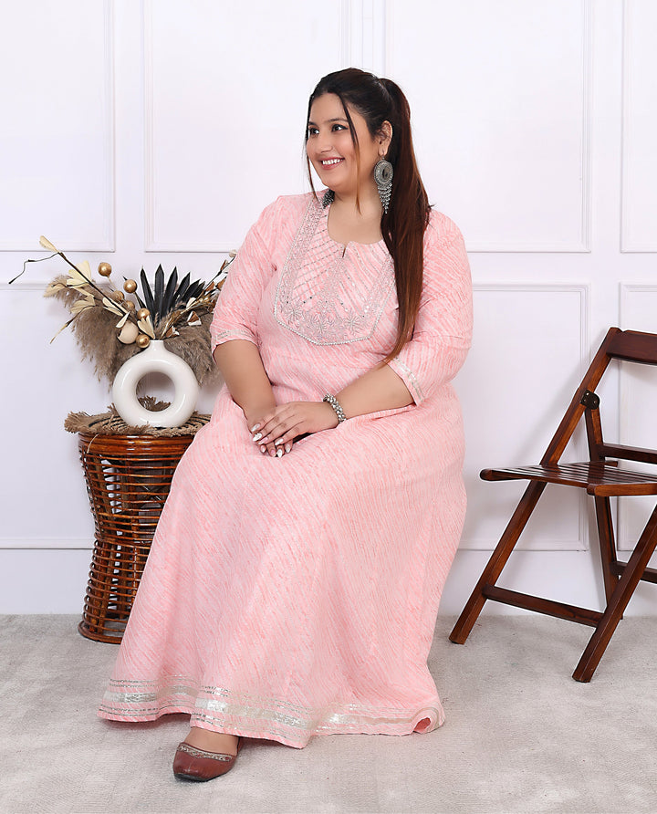Plus Size Pink Cotton Leheriya Print Embroidered Long Kurta (B17-Pink)