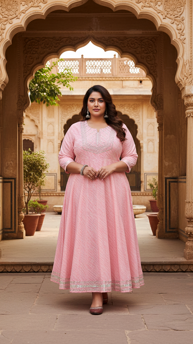 Plus Size Pink Cotton Leheriya Print Embroidered Long Kurta (B17-Pink)