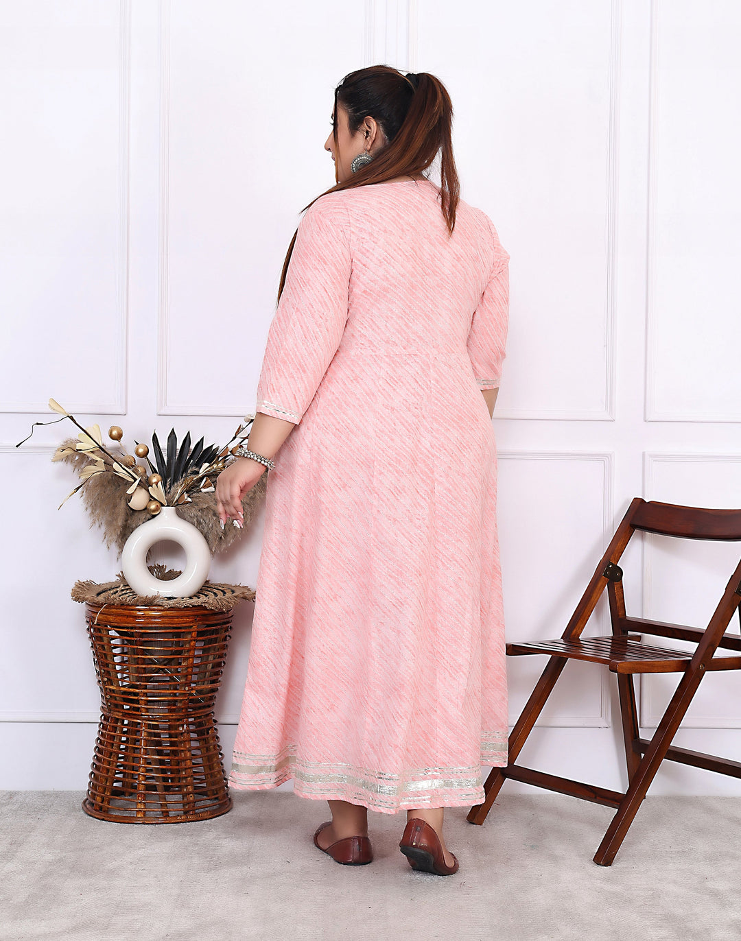 Plus Size Pink Cotton Leheriya Print Embroidered Long Kurta (B17-Pink)