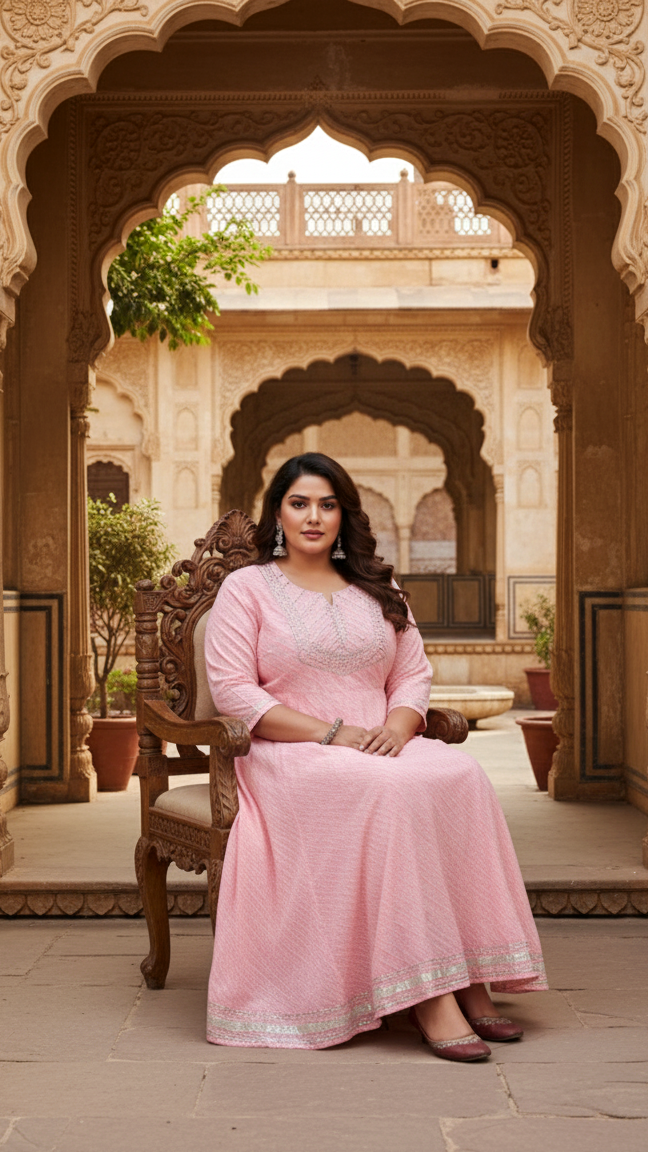 Plus Size Pink Cotton Leheriya Print Embroidered Long Kurta (B17-Pink)