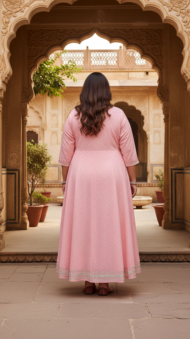 Plus Size Pink Cotton Leheriya Print Embroidered Long Kurta (B17-Pink)