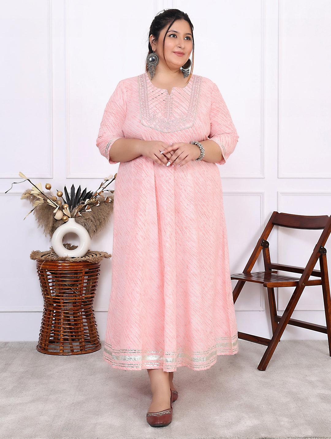 Plus Size Pink Cotton Leheriya Print Embroidered Long Kurta (B17-Pink)