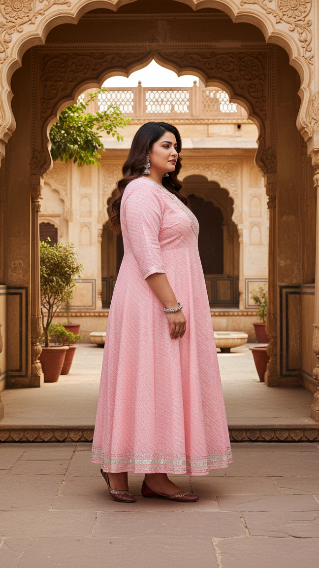 Plus Size Pink Cotton Leheriya Print Embroidered Long Kurta (B17-Pink)