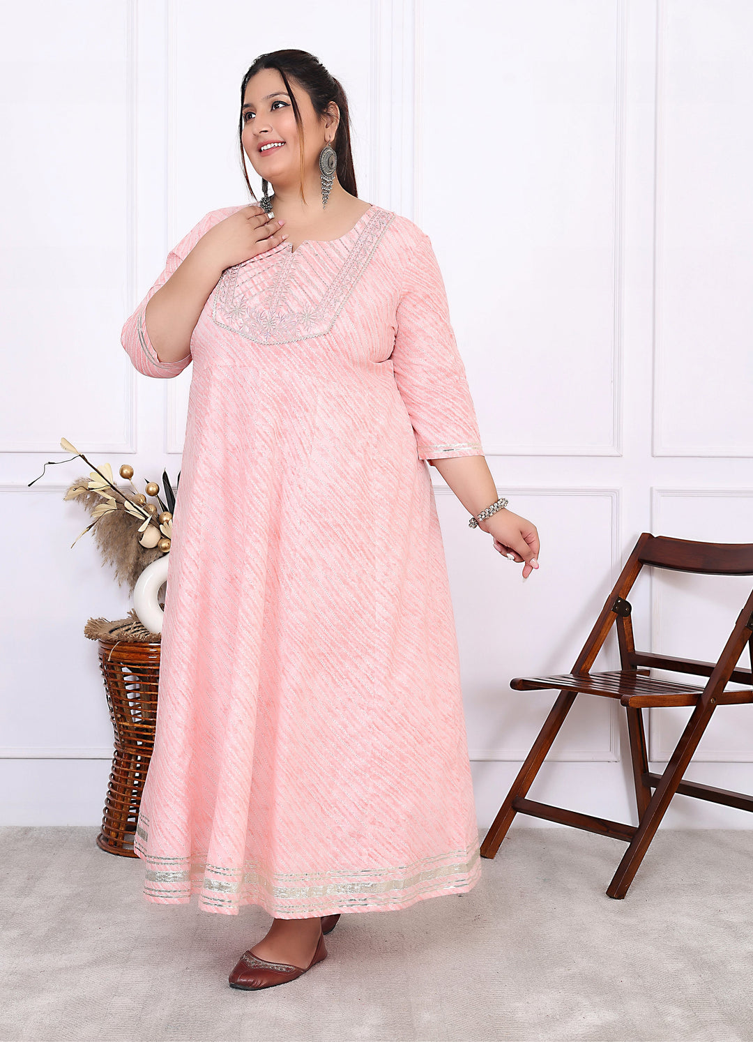 Plus Size Pink Cotton Leheriya Print Embroidered Long Kurta (B17-Pink)