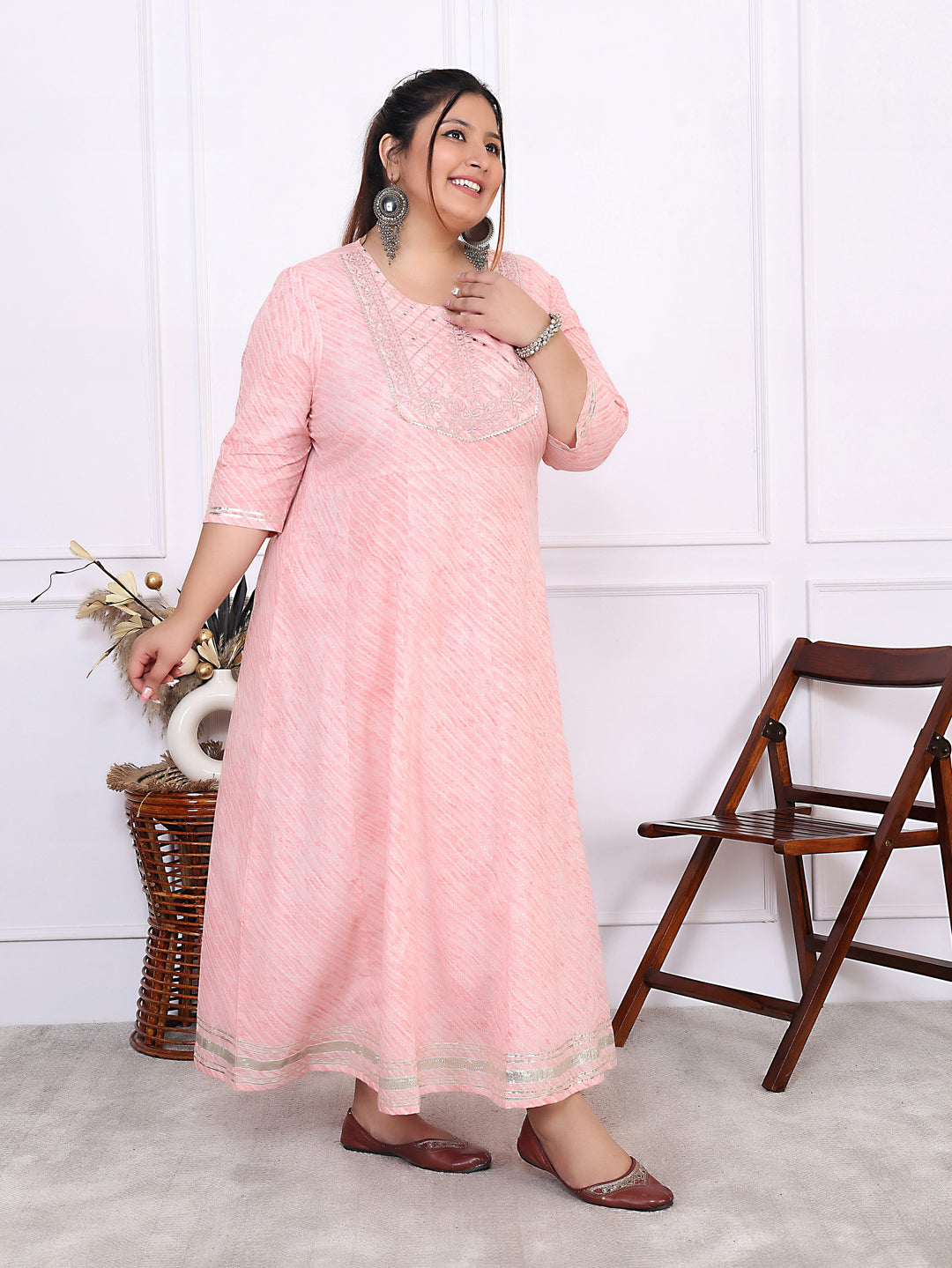 Plus Size Pink Cotton Leheriya Print Embroidered Long Kurta (B17-Pink)