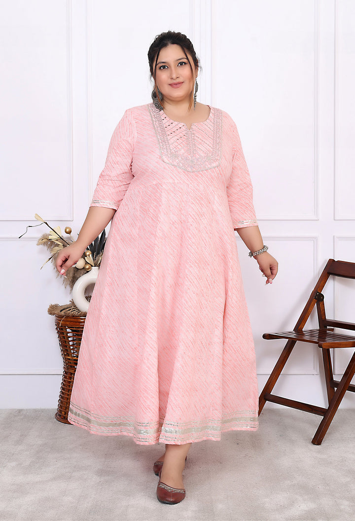 Plus Size Pink Cotton Leheriya Print Embroidered Long Kurta (B17-Pink)