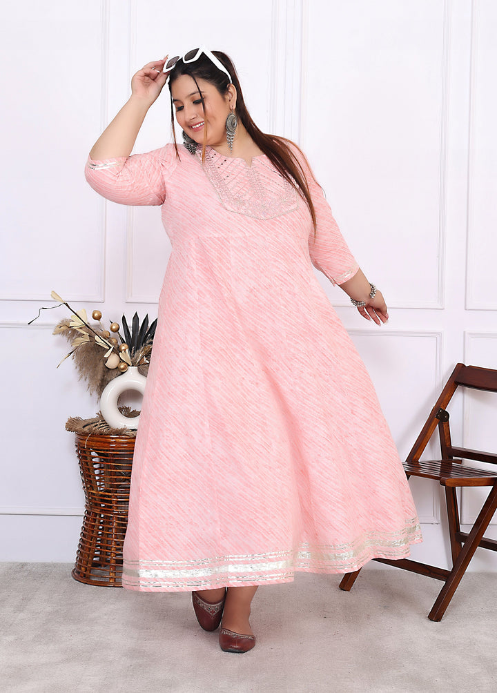 Plus Size Pink Cotton Leheriya Print Embroidered Long Kurta (B17-Pink)