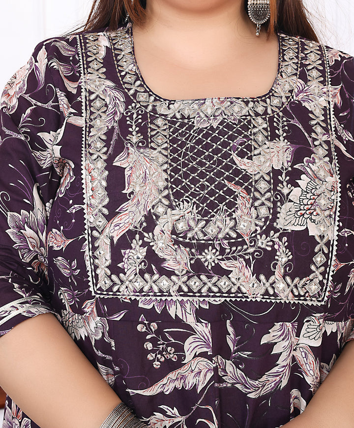 Plus Size Brown Cotton Floral Print Embroidered Long Kurta (B18-Brown)