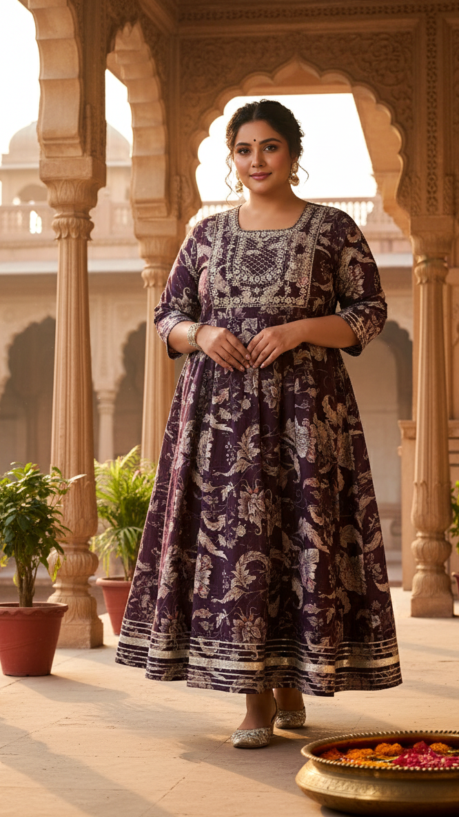 Plus Size Brown Cotton Floral Print Embroidered Long Kurta (B18-Brown)