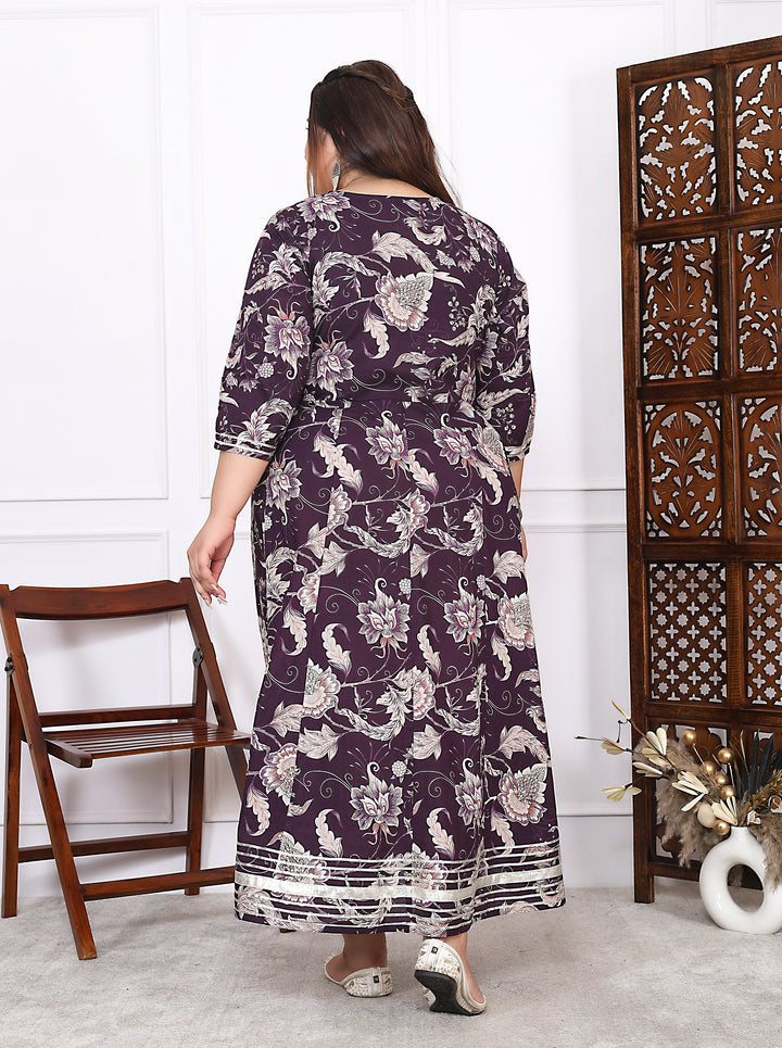 Plus Size Brown Cotton Floral Print Embroidered Long Kurta (B18-Brown)