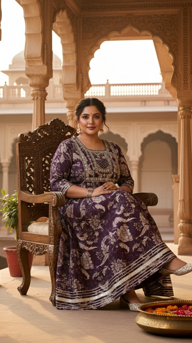 Plus Size Brown Cotton Floral Print Embroidered Long Kurta (B18-Brown)