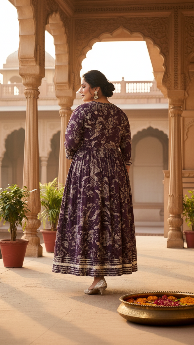 Plus Size Brown Cotton Floral Print Embroidered Long Kurta (B18-Brown)