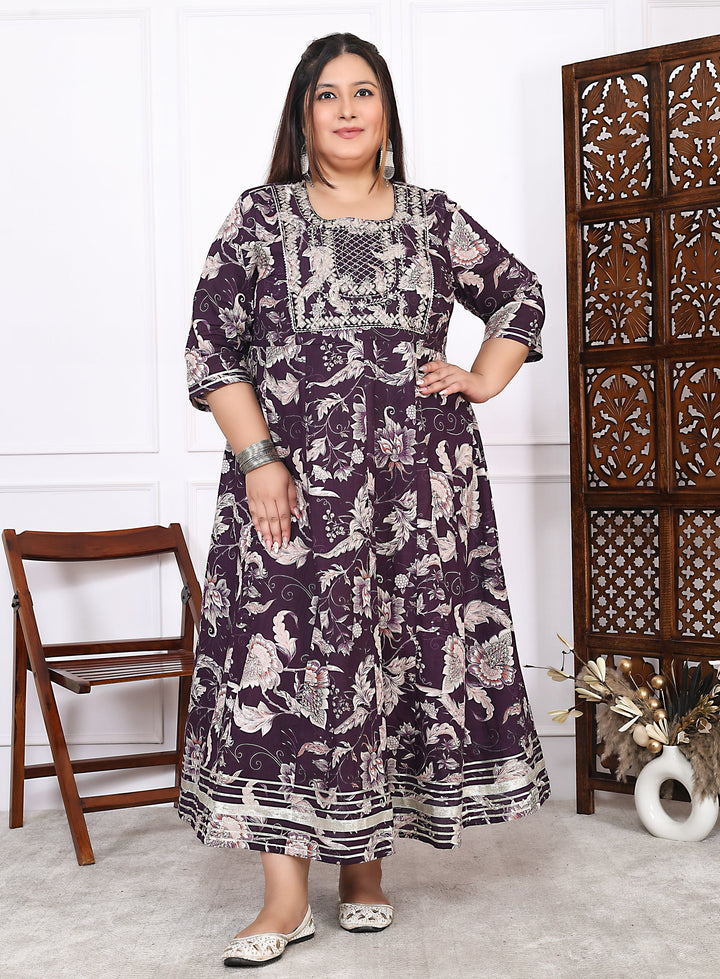 Plus Size Brown Cotton Floral Print Embroidered Long Kurta (B18-Brown)