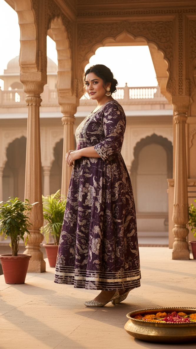 Plus Size Brown Cotton Floral Print Embroidered Long Kurta (B18-Brown)