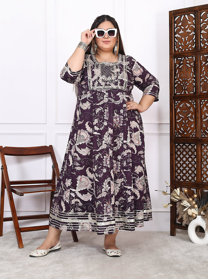 Plus Size Brown Cotton Floral Print Embroidered Long Kurta (B18-Brown)
