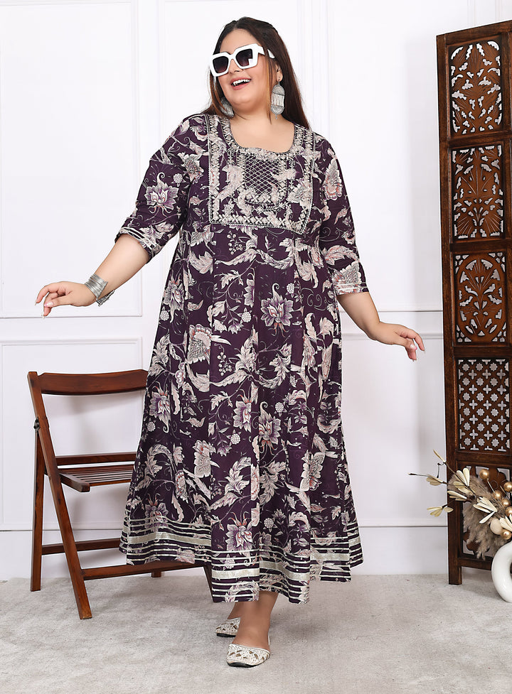 Plus Size Brown Cotton Floral Print Embroidered Long Kurta (B18-Brown)
