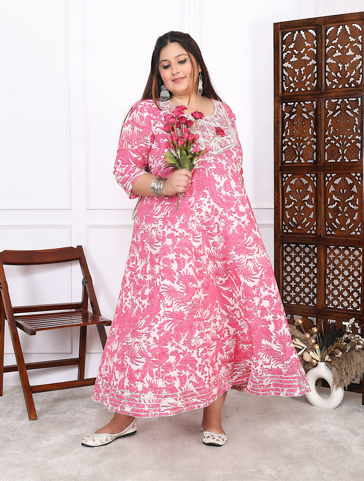 Plus Size Pink Cotton Floral Print Embroidered Long Kurta (B20-Pink)