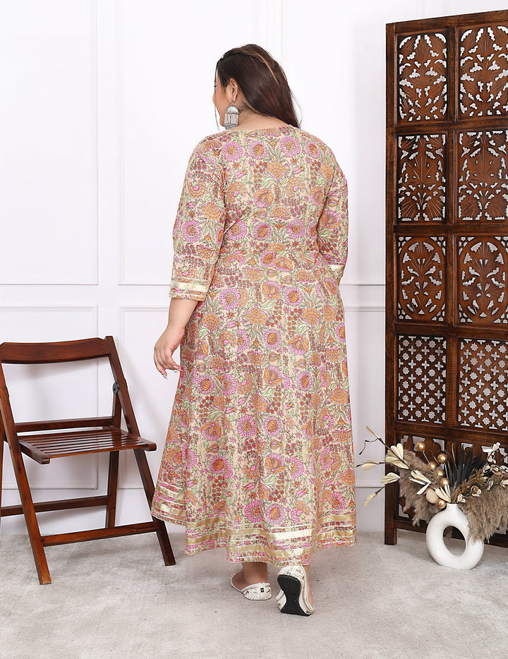 Plus Size Peach Cotton Floral Print Embroidered Long Kurta (B22-Peach)