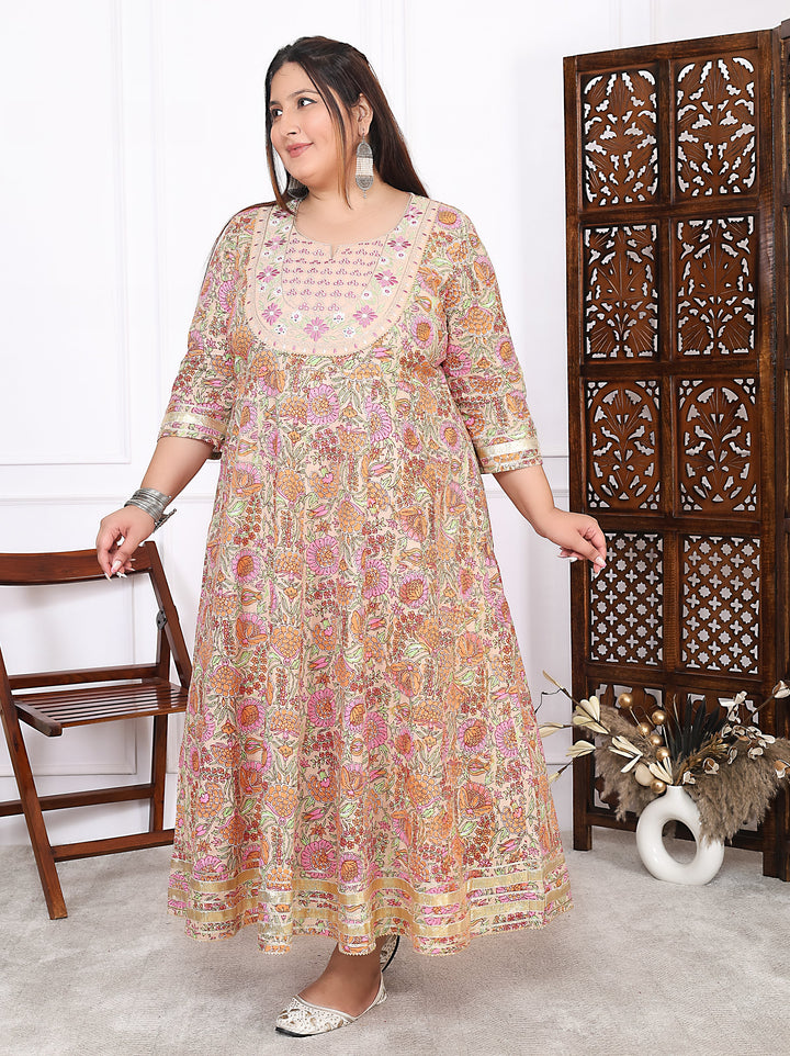 Plus Size Peach Cotton Floral Print Embroidered Long Kurta (B22-Peach)