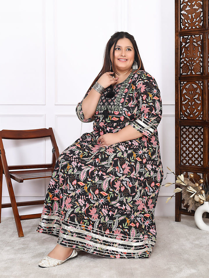 Plus Size Black Cotton Floral Print Embroidered Gown (B23-Black)