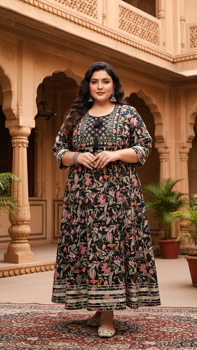 Plus Size Black Cotton Floral Print Embroidered Gown (B23-Black)