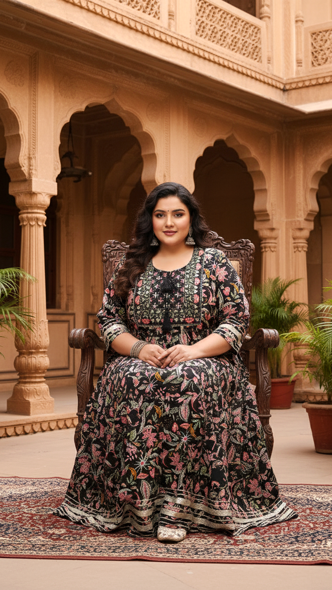 Plus Size Black Cotton Floral Print Embroidered Gown (B23-Black)